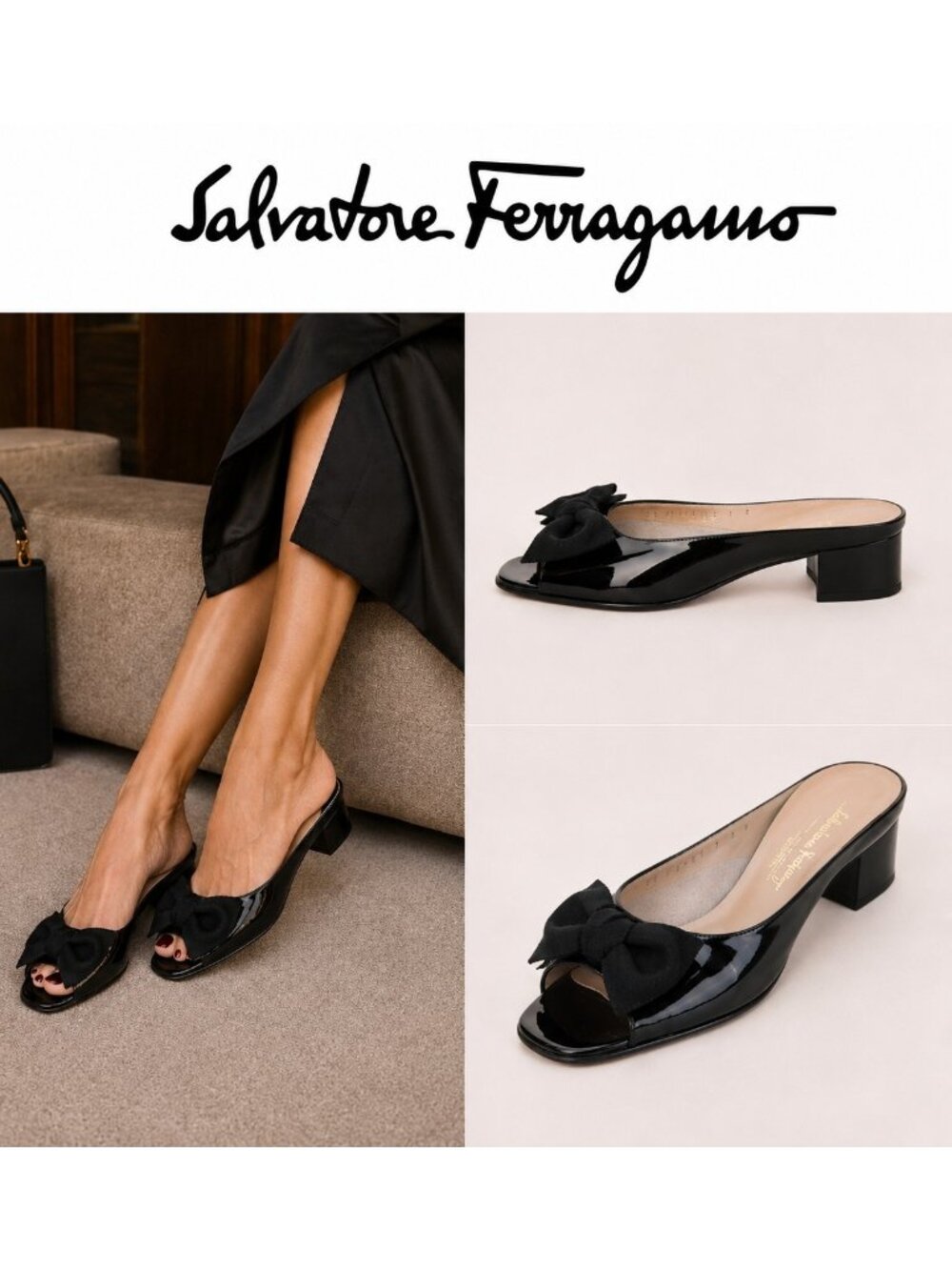 Salvatore Ferragamo Black Patent Leather Bow Mules Heels Size 9 B